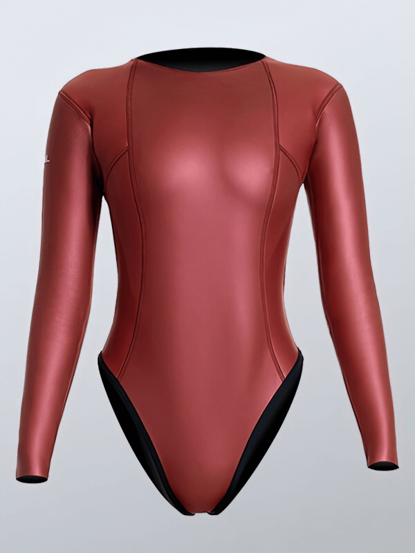Stylish elastic long-sleeve women's diving wetsuit in sleek red design; SF0548. Perfect for flexibility and warmth underwater.